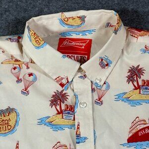 Rsvlts Budweiser Kunuflex Short Sleeve Button‎ Shirt Cream Red Vacation Sz Large